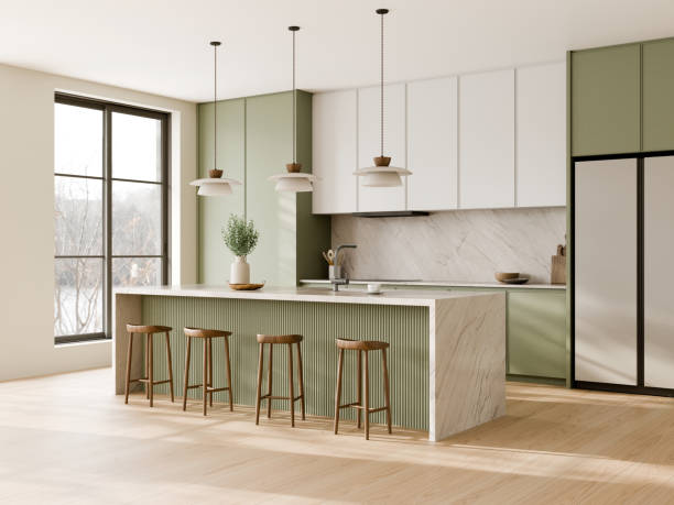 istock Modern Minimalist Kitchen with Elegant Design featuring a large island with exquisite marble and green cabinetry. 3d render. 2186731847