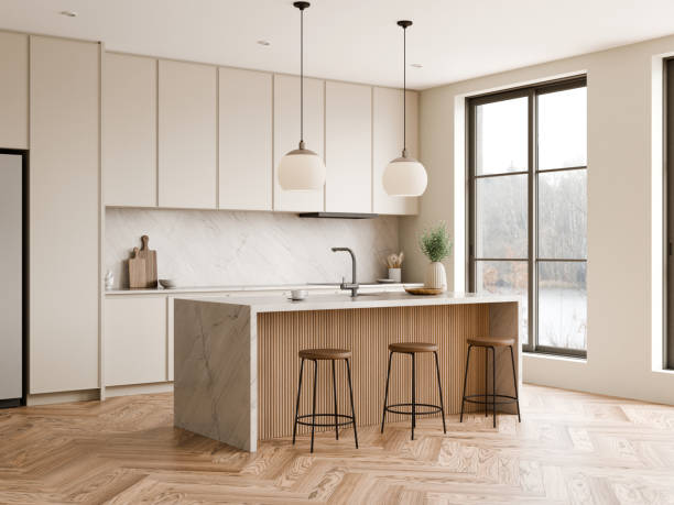 istock Modern Bright Kitchen with Elegant Design Details with natural wood accents. 3d render. 2186731889