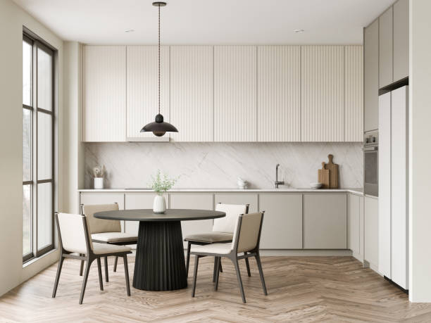 istock Modern Kitchen with Elegant Dining Space and Style with stylish cabinetry. 3d render. 2186731977
