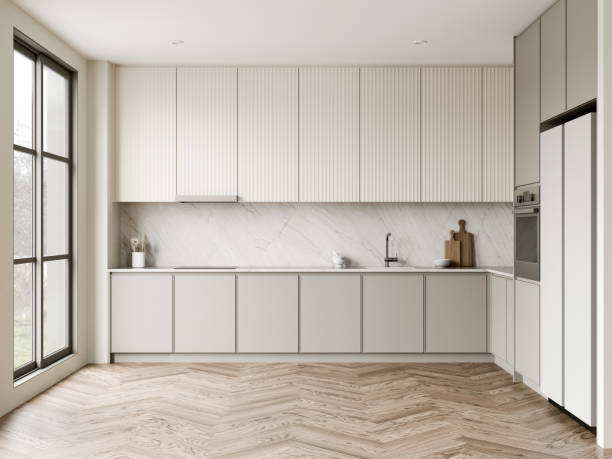 istock Modern Minimalist Kitchen with Elegant Design Elements with sleek cabinets, a marble backsplash, and a stylish wooden floor. 3d render. 2186731982