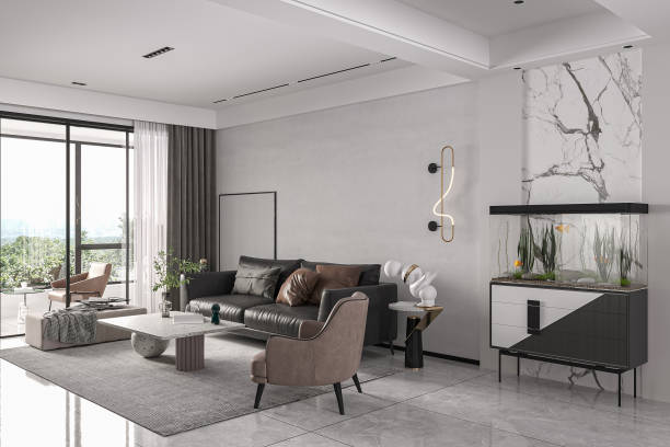 istock Modern Living Room Interior with Fish Tank and Elegant Decor 2186732225