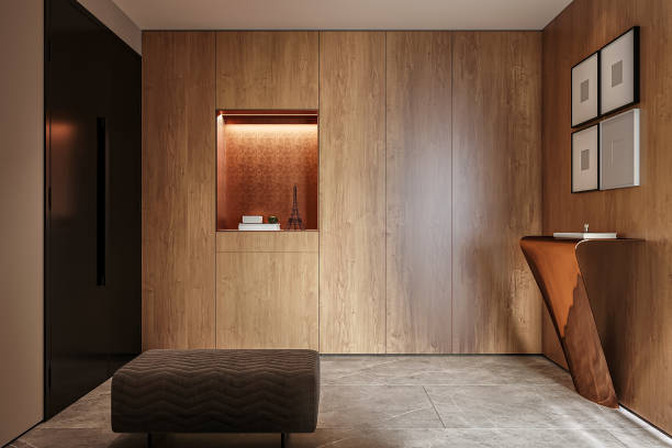 istock Modern Minimalist Interior with Wooden Paneling and Copper Accents 2186732249