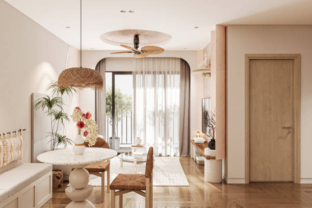 istock Cozy Bohemian Dining Room with Natural Elements and Balcony View 2186732438
