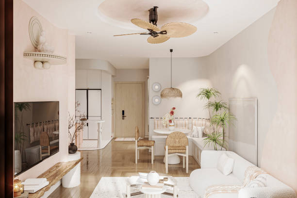 istock Cozy Modern Living Room and Dining Area with Natural Textures and Soft Lighting 2186732443