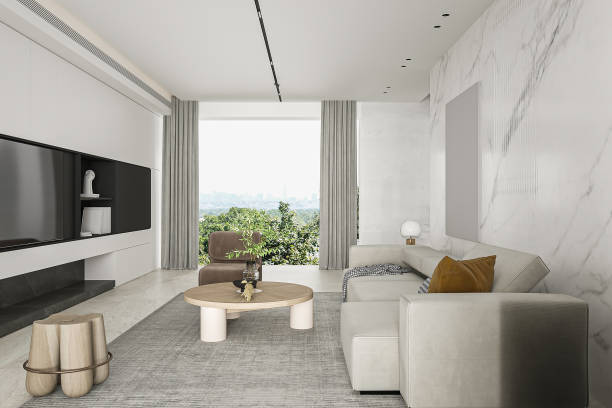 istock Modern Minimalist Living Room with Panoramic View and Marble Accents 2186732470