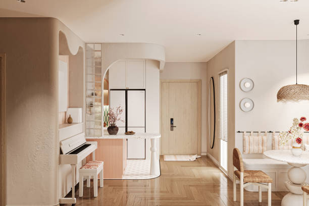 istock Modern Minimalist Scandinavian Kitchen with Piano and Cozy Dining Area 2186732472