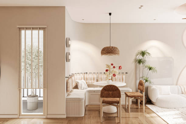 istock odern Scandinavian Dining Nook with Natural Textures and Soft Lighting 2186732473