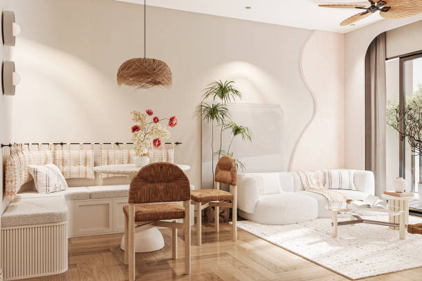 istock Boho Chic Living Room with Cozy Sofa, Rattan Chairs, and Natural Decor Elements 2186732668