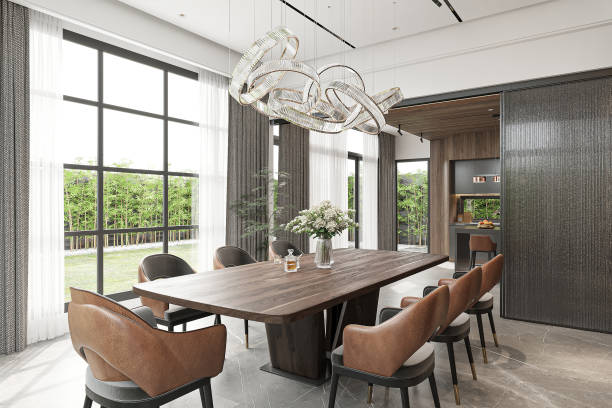 istock Elegant Dining Room with Large Windows, Modern Chandelier, and Natural Light 2186732689
