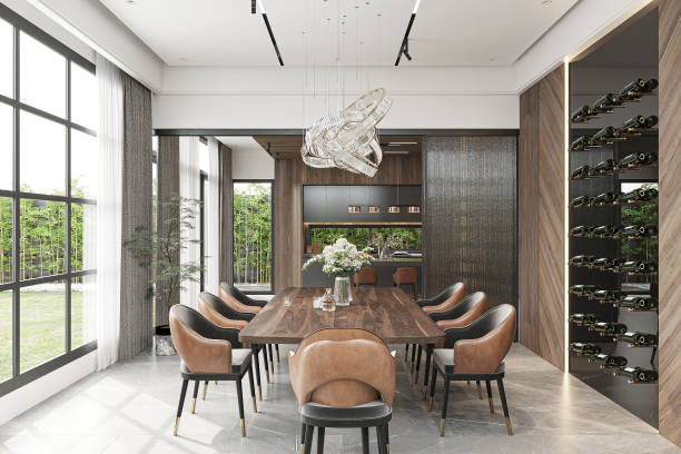 istock Elegant Dining Room with Wine Rack and Modern Lighting in Luxury Home Interior 2186732694