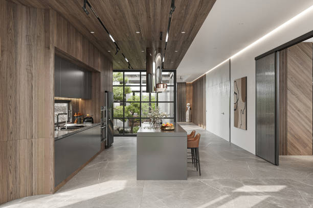 istock Contemporary Open-Concept Kitchen with Large Island and Floor-to-Ceiling Windows 2186732695