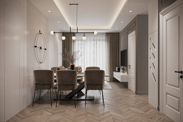 istock Elegant Minimalist Dining Room Interior with Modern Lighting and Cozy Decor 2186732703