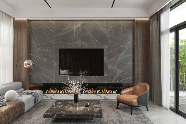 istock Luxury Living Room with Marble Accent Wall and Modern Fireplace 2186732717