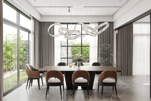 istock Modern Luxury Dining Room with Statement Chandelier and Garden View 2186732759