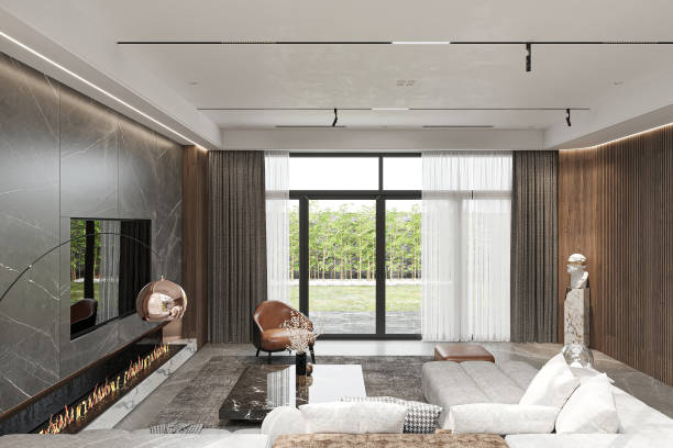 istock Modern Living Room with Large Windows and Marble Fireplace 2186732765