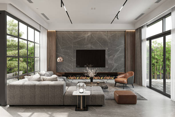 istock Modern Living Room with Luxurious Fireplace and Large Windows Overlooking Greenery 2186732768
