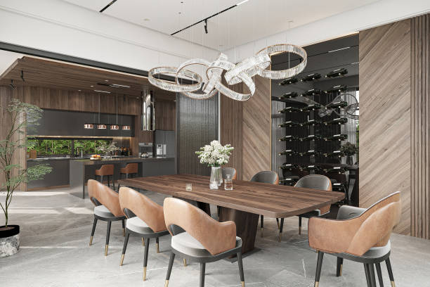 istock Modern Dining Area with Elegant Lighting, Wine Storage, and Open Kitchen Design 2186732772