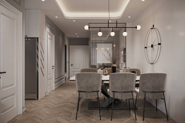 istock Modern Minimalist Dining Room with Elegant Lighting and Stylish Decor 2186732785