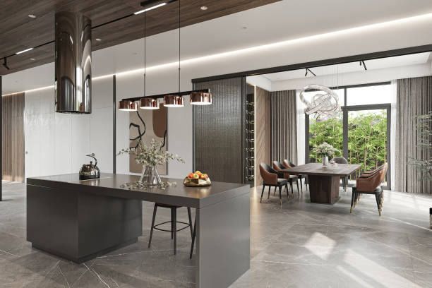 istock Modern Open-Concept Kitchen and Dining Area with Stylish Lighting and Contemporary Decor 2186732808
