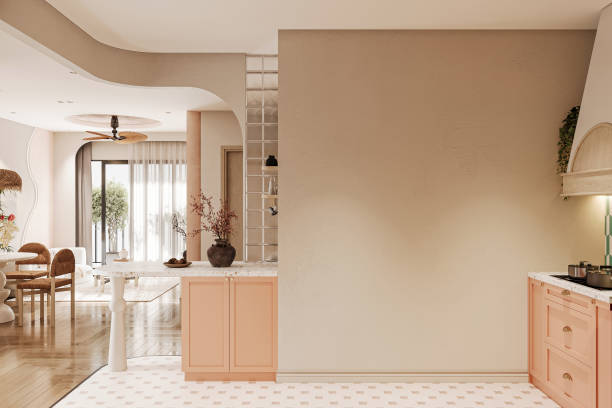 Modern Retro Open-Concept Living and Kitchen Space with Warm Tones and Unique Curved Architecture