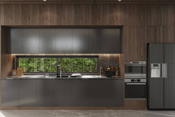 istock Modern Kitchen Design with Dark Wood Cabinetry and Built-In Appliances 2186732896