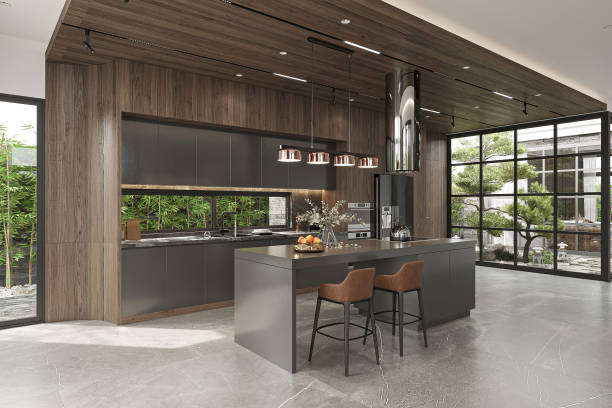 istock Modern Kitchen Interior with Island Seating and Floor-to-Ceiling Windows Overlooking Zen Garden 2186732940