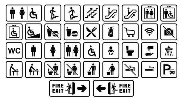 set bangunan umum dan pusat perbelanjaan, tanda ikon universal dan tanda informasi - tanda kamar kecil ilustrasi stok