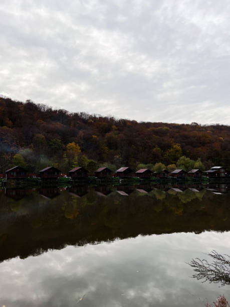 A peaceful lakeside scene featuring rustic cabins reflecting in the calm water, surrounded by a vibrant autumn forest under a cloudy sky.