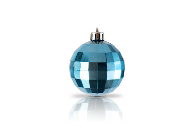 Blue Christmas ball with sequins, isolated on a white background with reflection and shadow