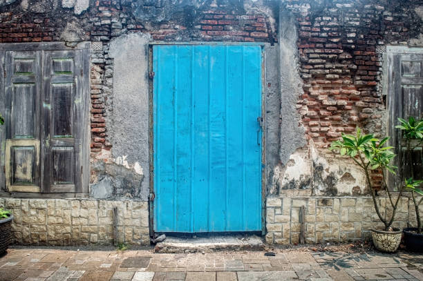Old weathered building facade with a vibrant blue door and rustic wooden windows, surrounded by potted plants. Perfect for urban decay and architectural themes