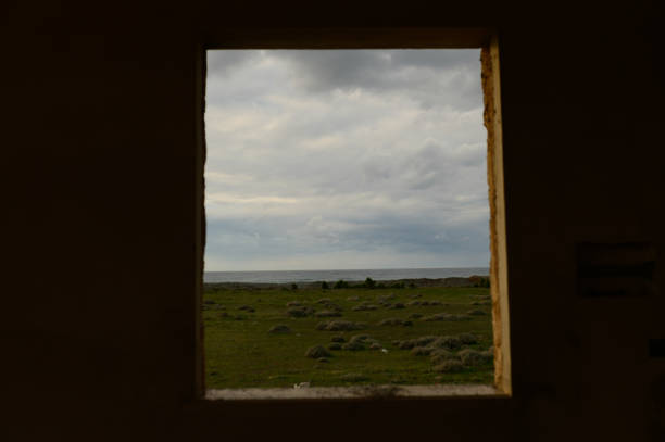 A tranquil view of green fields and ocean through a rustic window, nature calm before twilight.
