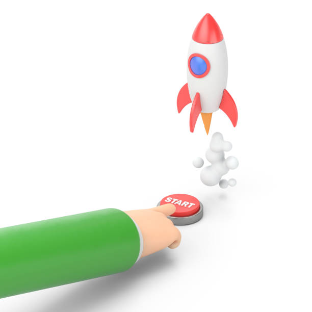 istock Cartoon Gesture Icon Mockup.Flat 3d isometric businessman hand presses start button to launches a space rocket. Business start up concept.3D rendering on white background. 2186743661