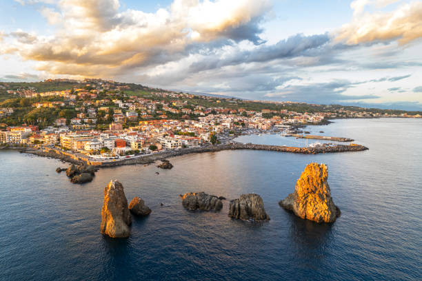 Aerial seescape at sunset, drone view
