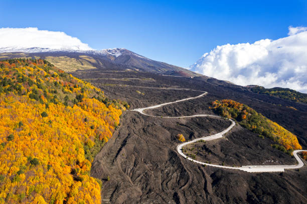 Winding road to the volcano Etna, drone view