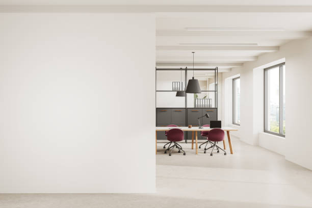 istock Office meeting room interior with board and chairs, window. Mockup wall 2186748439