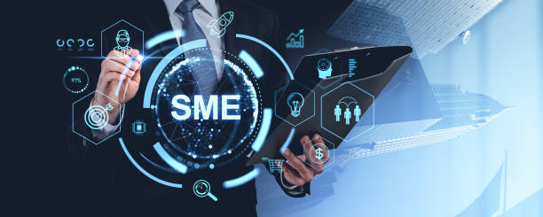 istock Businessman interacting with SME hologram on dark background. 2186748910