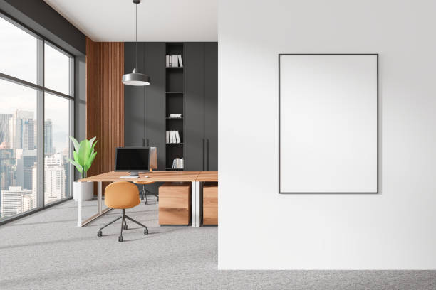 istock Blank poster mockup in modern office interior with city view. 3D Rendering 2186748970
