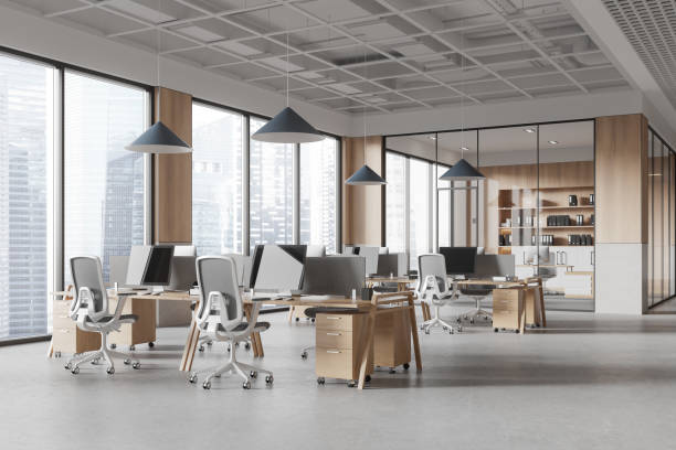 istock Cozy office interior with coworking and consulting space, panoramic window 2186748982