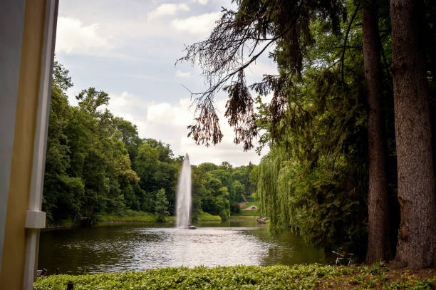 Water gently splashes from a tall fountain in a serene park, framed by vibrant trees and low-hanging branches. The overcast sky adds a peaceful ambiance to the natural setting.