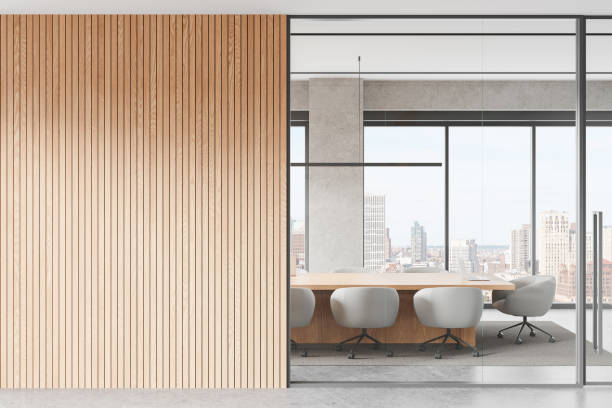 istock Modern office interior with wooden wall and glass partition. 3D Rendering 2186750000