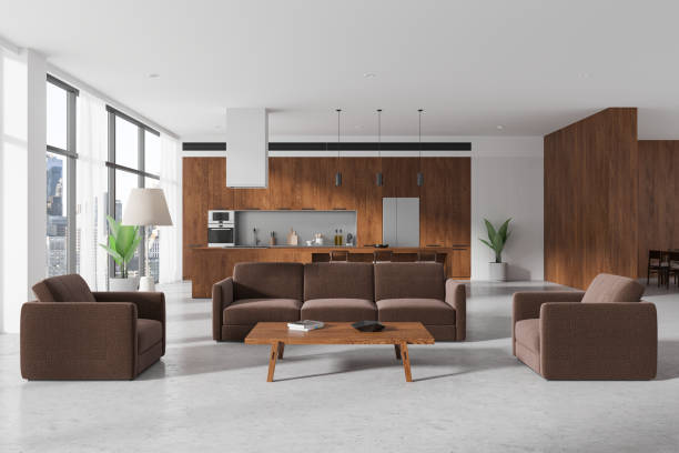 istock Cozy home interior with relaxing and dining zone, panoramic window 2186750174