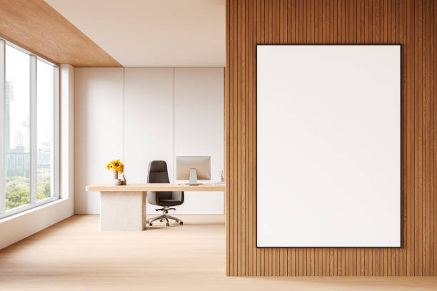 istock Stylish director's room interior work desk and panoramic window. Mockup frame 2186750560