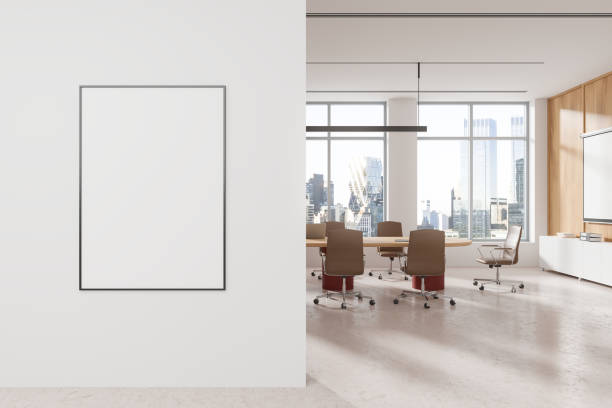 istock Office interior with meeting table and projection screen, window. Mockup frame 2186750611