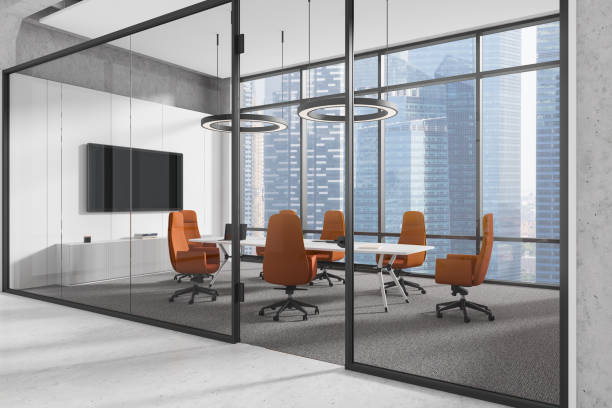 istock White conference interior with board and chairs, tv screen and panoramic window 2186751167