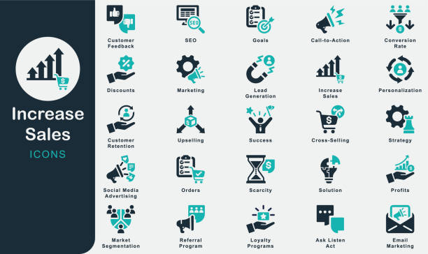 stockillustraties, clipart, cartoons en iconen met increase sales solid icons collection.containing marketing, goals, profits, business, solution, orders, strategy, ask, listen, act, success, conversion rate, upselling, cross-selling, lead generation - verkoper