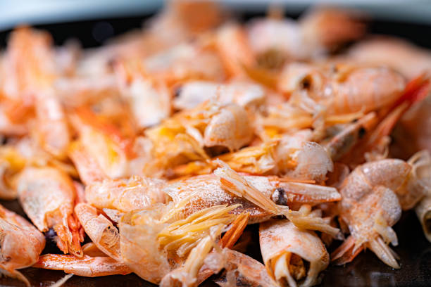 Freshly cooked shrimp prepared for a seafood feast. Plump, succulent shrimp lie ready for a delicious seafood meal, showcasing their vibrant colors and fresh appeal.