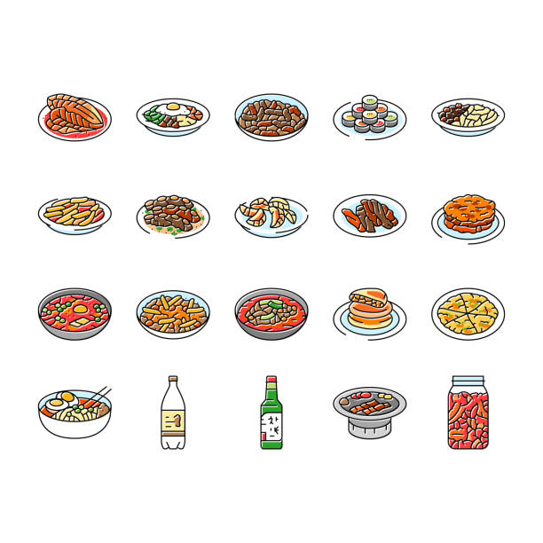 korean cuisine food asian icons set vector korean cuisine food asian icons set vector. korea menu, noodle top meal, bibimbap rice, topokki soup, chicken, healthy, dish korean cuisine food asian color line illustrations korean food stock illustrations