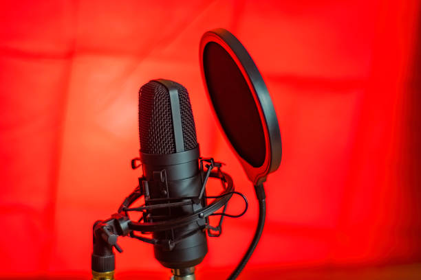 istock Black professional microphone on a stand. Pop filter installed on the microphone. A red toned picture. 2186756589