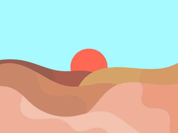 Mountain landscape in a minimalist style, rocks and canyons. Wavy landscape with the sun on the horizon. Boho decor for print, poster and interior design. Modern mid-century decor. Vector illustration