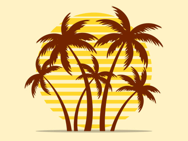 Palm trees against the background of the sun in retro style. Tropical palm trees at sunset in 80s style. Design of advertising brochures, banners, posters, travel agencies. Vector illustration Palm trees against the background of the sun in retro style. Tropical palm trees at sunset in 80s style. Design of advertising brochures, banners, posters, travel agencies. Vector illustration palm-tree stock illustrations